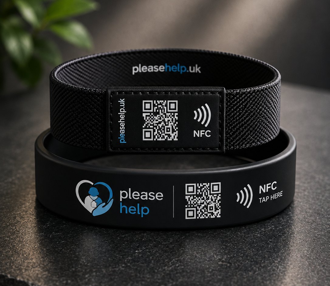 Two Please Help bands, one fabric and one silicone, both showing the pleasehelp.uk address, a QR code and an NFC tap point