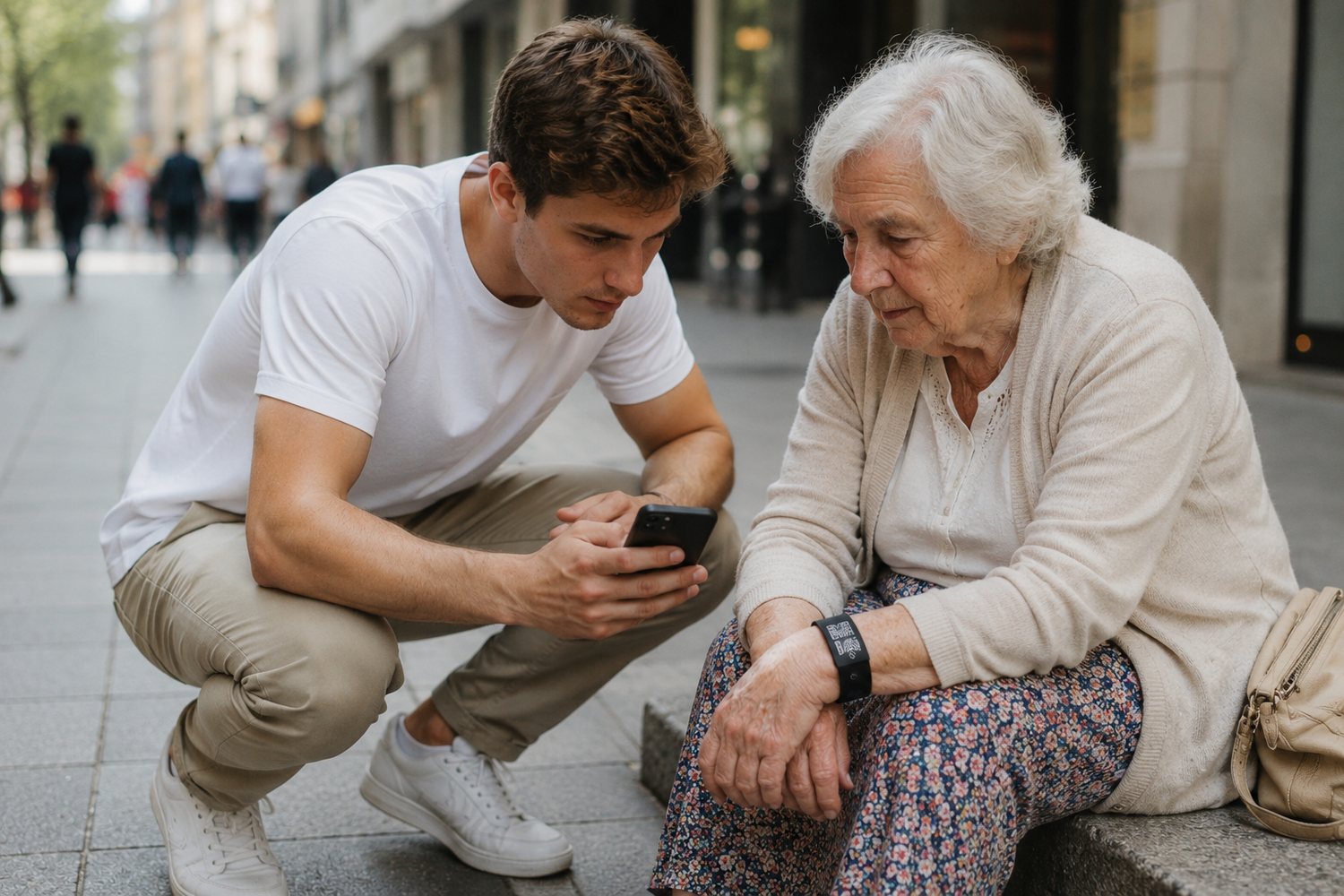 A young man crouching beside an older woman sitting on a step in a town centre, checking his phone after scanning her band