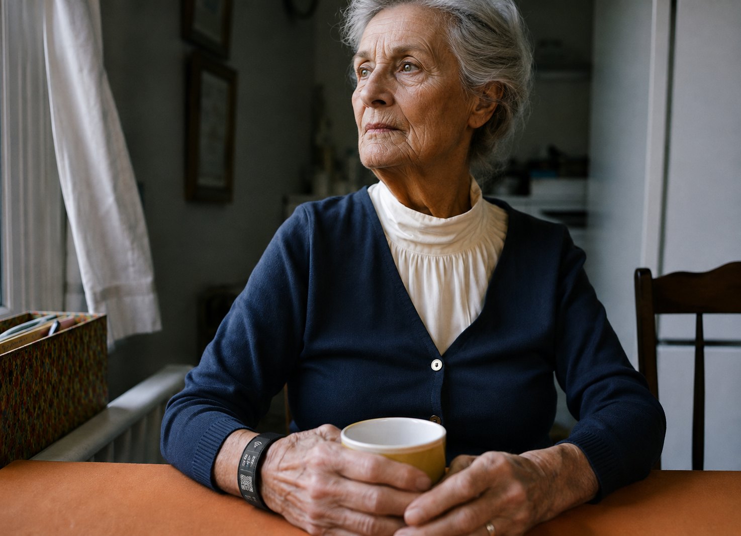 An older woman at her kitchen table holding a mug of tea, a Please Help band with a QR code on her wrist
