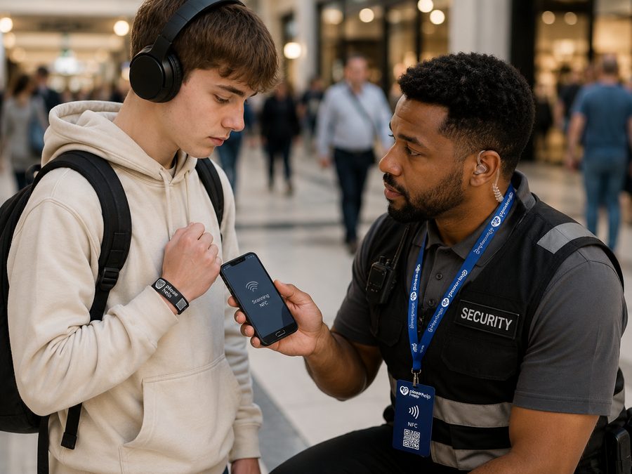 A young man in a shopping centre having his wristband scanned by security