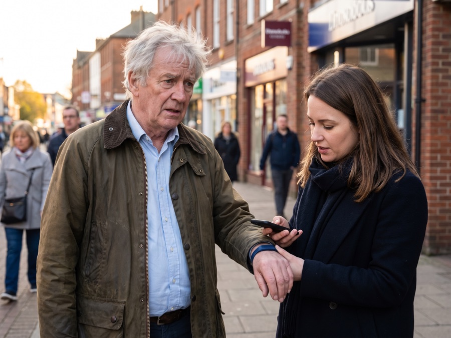 An older man on a high street having the band on his wrist scanned by a passer-by