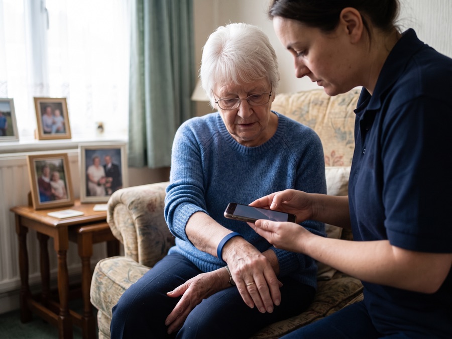 An older woman at home with a carer scanning the band on her wrist