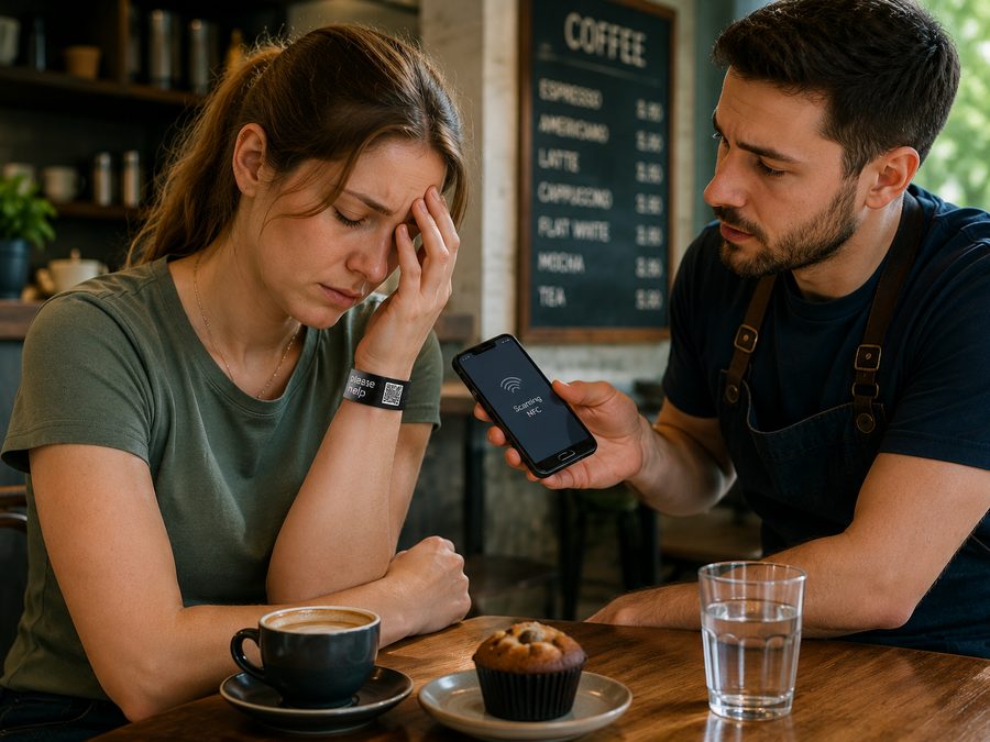 A woman unwell at a cafe table, a member of staff scanning her band