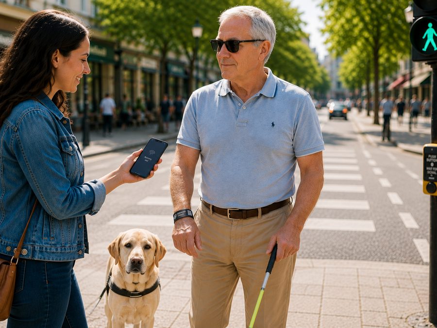 A man with a white cane and guide dog having his wristband scanned